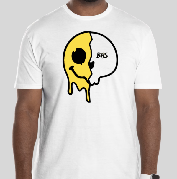 The Melting Face t-shirt features the classic happy face emoji split in half with one side melting and the other side melted to the bone. The raw BHS logo is applied to the back of the t-shirt.